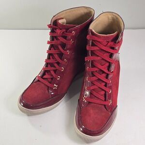 SKCH+3 Women Red Suede Patent Wedge High Top Fashion Sneakers Size 8
